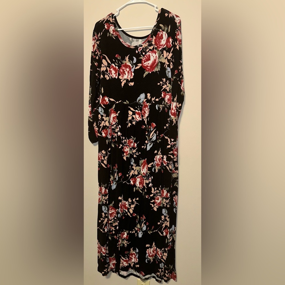 Longyuan Womens Black Flared Sleeve Scoop‎ Neck Floral Print Maxi Dress Size 2XL